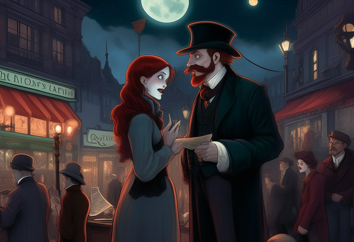 A bustling city street under the shine of a full moon, with pedestrians enjoying the nightlife. At the corner stall, a young woman with fiery red hair dressed in a velvet cloak is haggling with a grumpy old vendor, a tall sophisticated man wearing a sharp suit and sporting a noteworthy moustache who is animatedly conversing on his steampunk telephone.