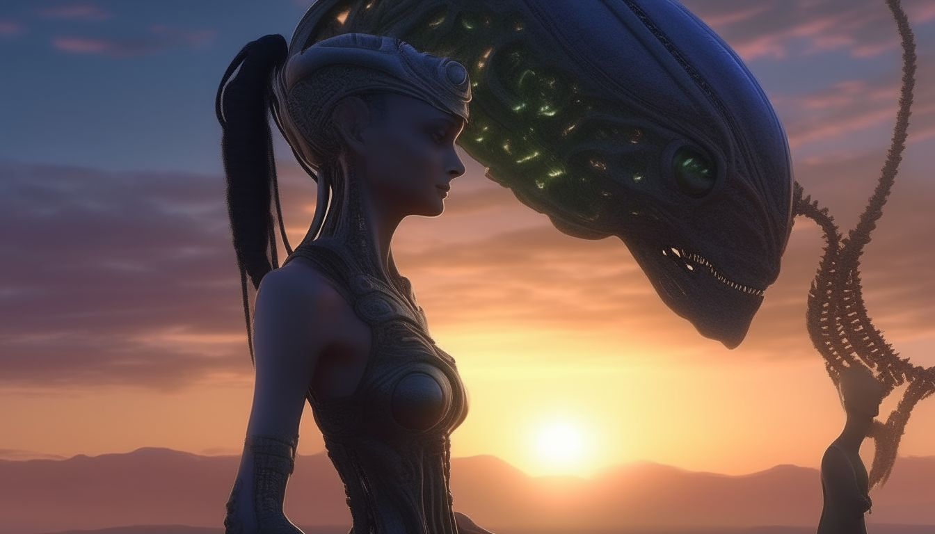 The beautiful Arcturian alien Goddess looking at an alien being morphing with an alien biomechanical caterpiller on the surface of the alien planet stretching into the distance with a beautiful sunset sky, super intricate details, 4K quality, dark sci-fi fantasy style, 16:9 aspect ratio
