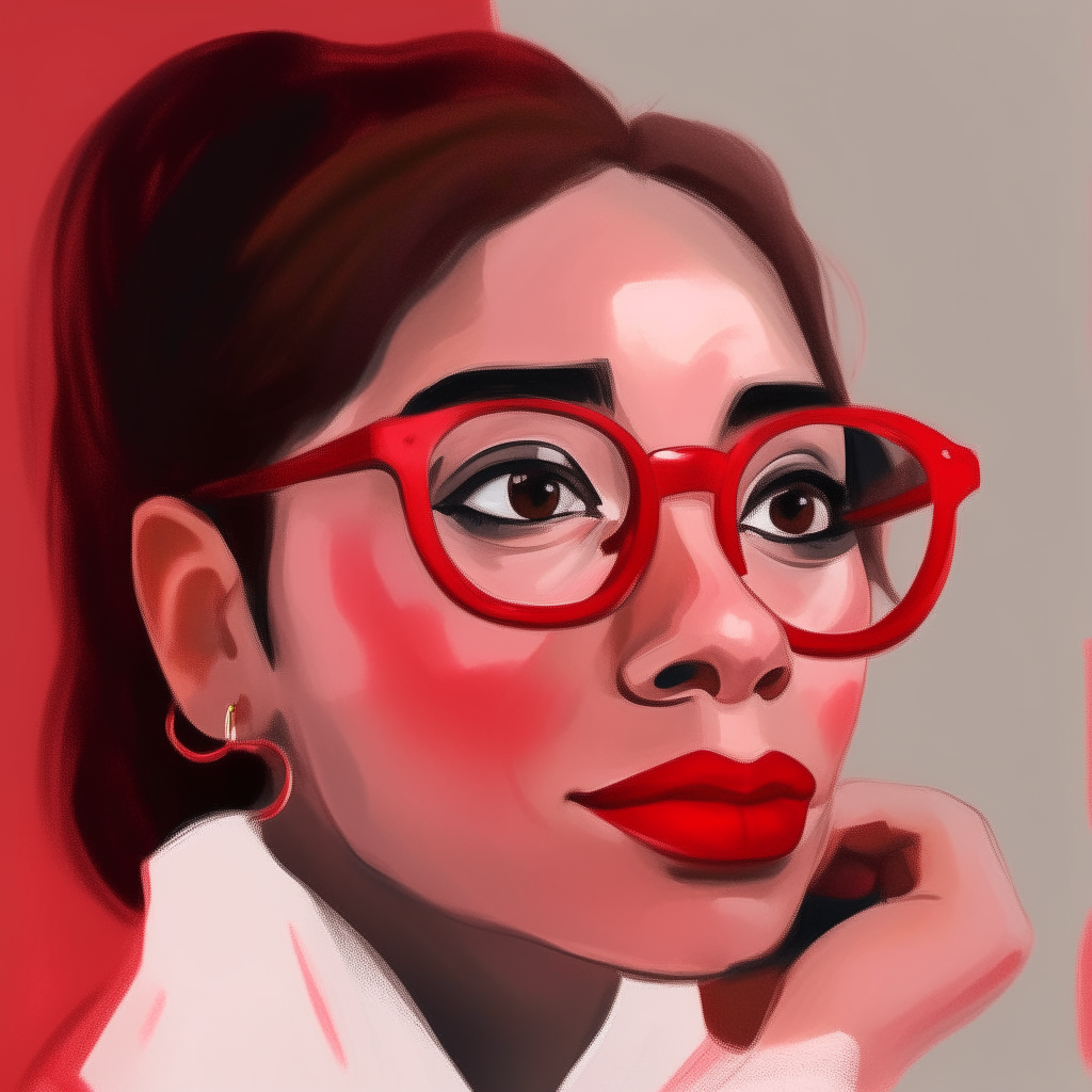 a painting of a woman with red glasses looking forward