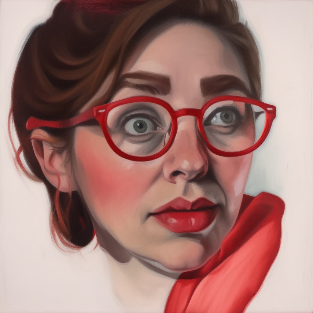 a painting of a woman with red glasses looking directly at the camera