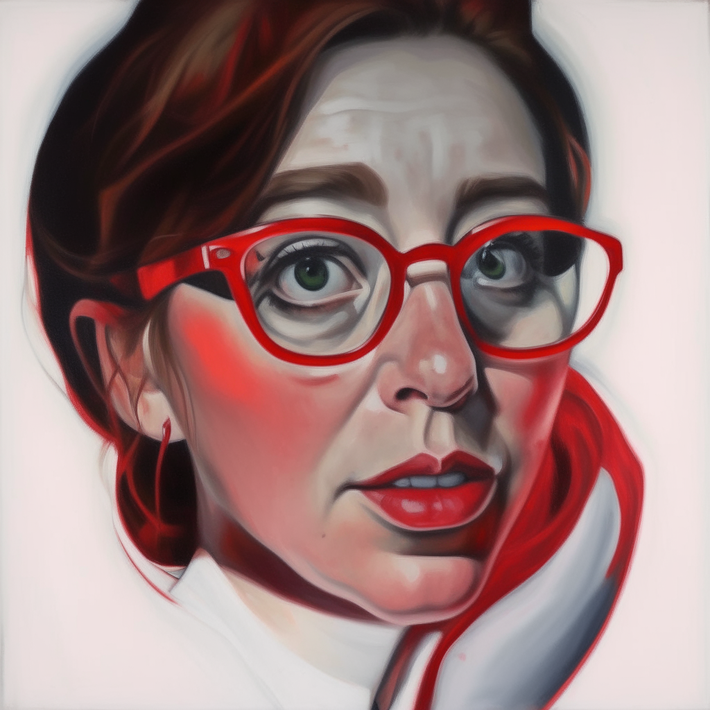 a painting of a woman with red glasses and eyes facing forward