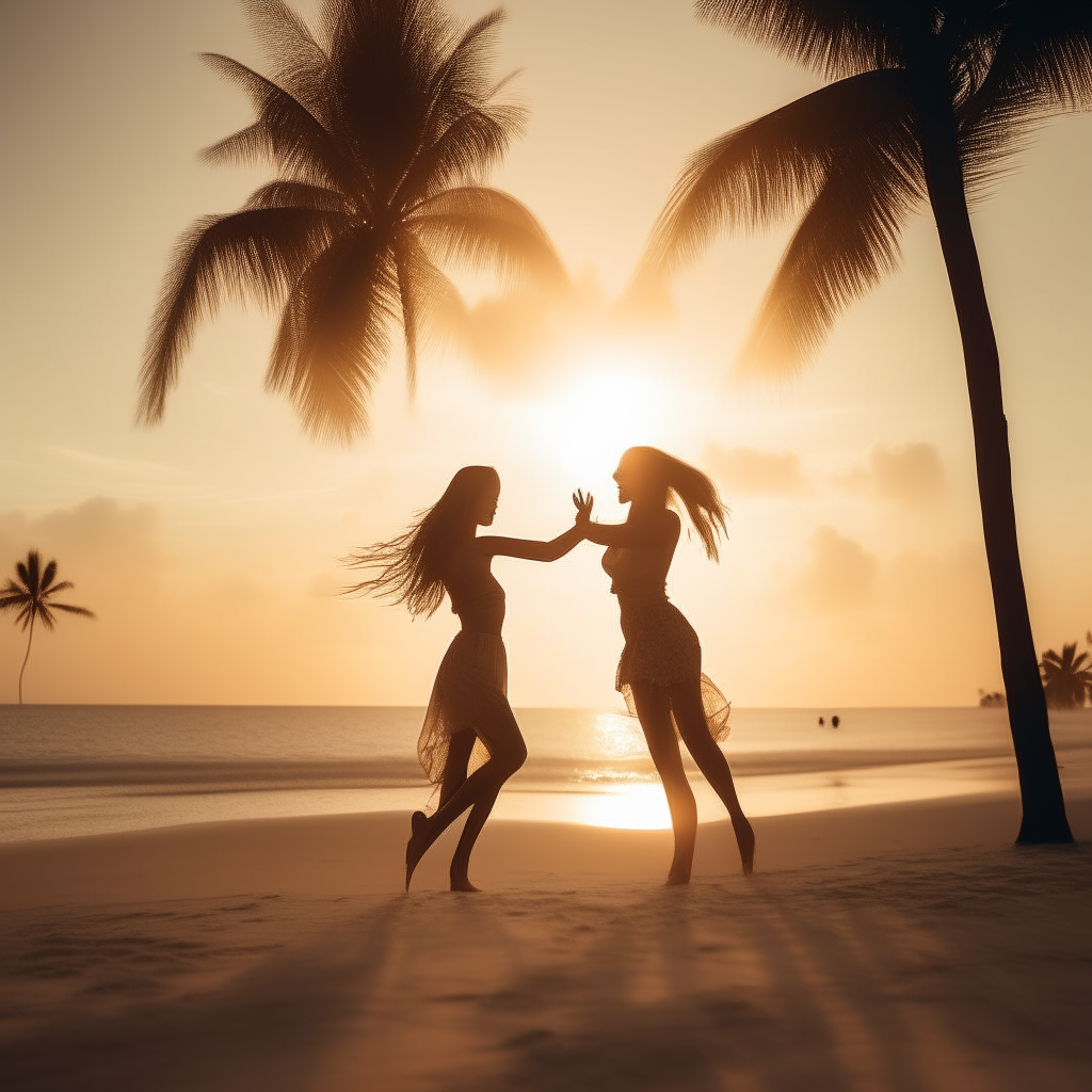 Two Beautiful women dancing on the beach, with palms trees and wonderful sun rise.