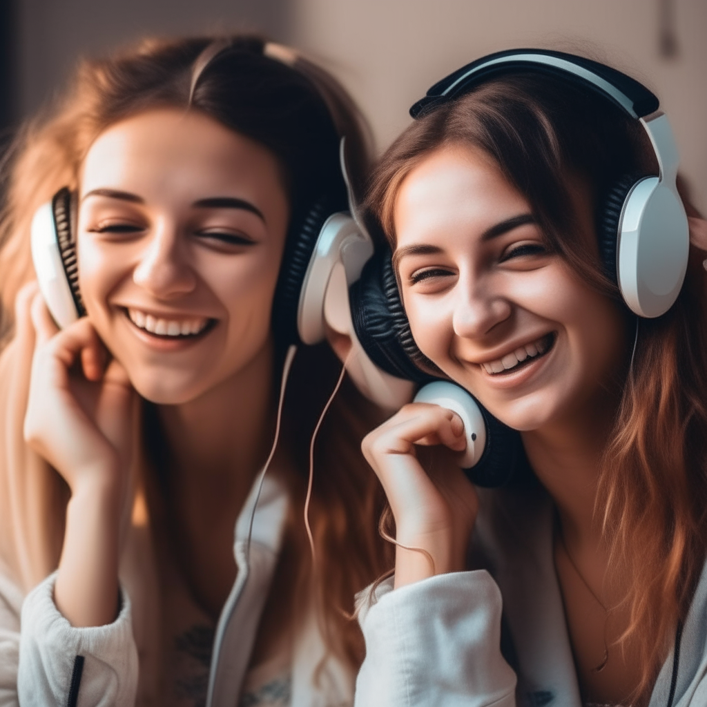 Two Beautiful women listening to music, with happy faces.
