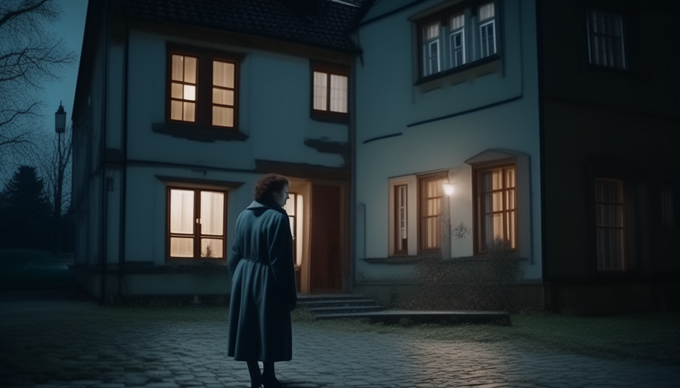 ext. street in front of old house. Woman looking at house. Style of Twilight Zone.