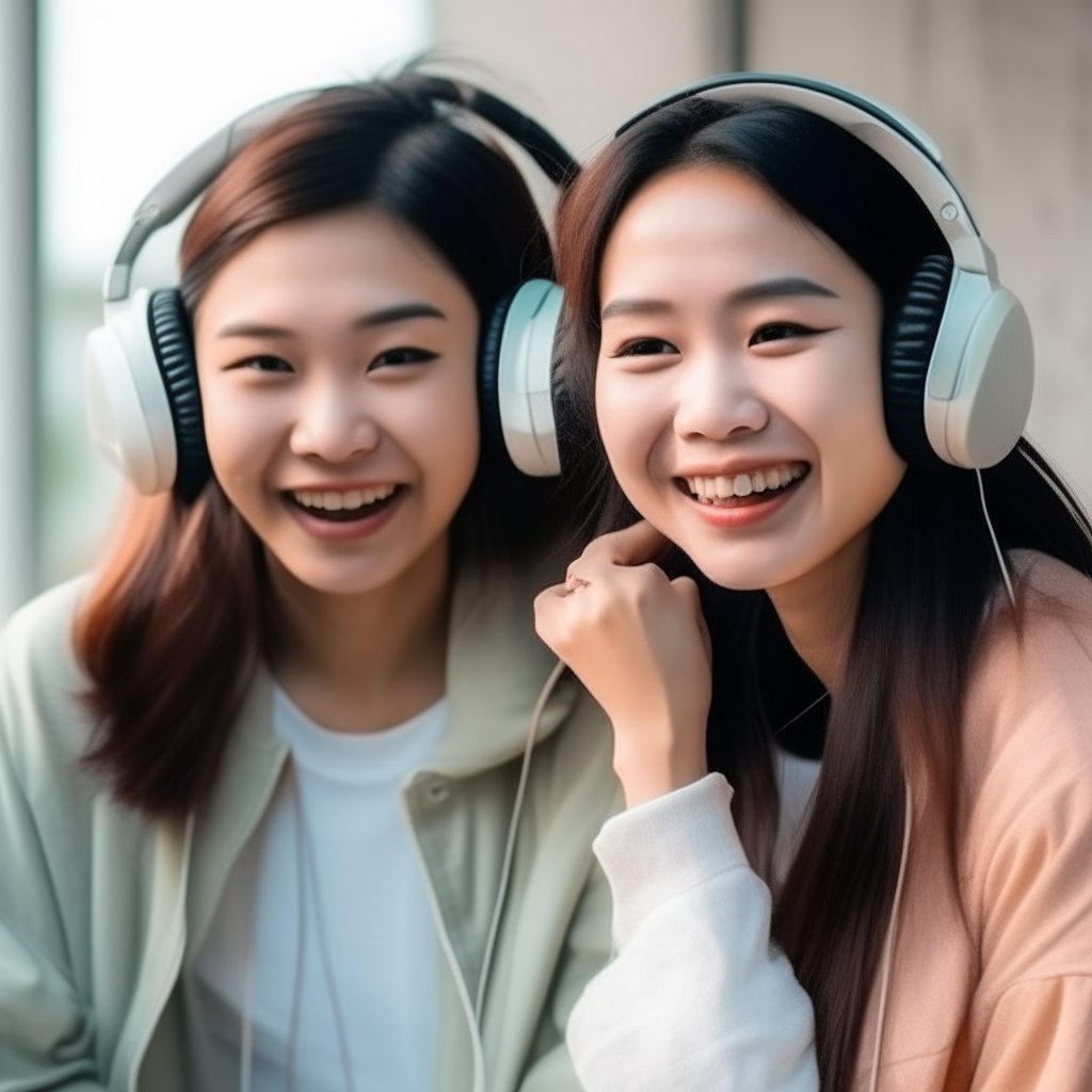 Two Beautiful Asian women listening to music, with happy faces.
