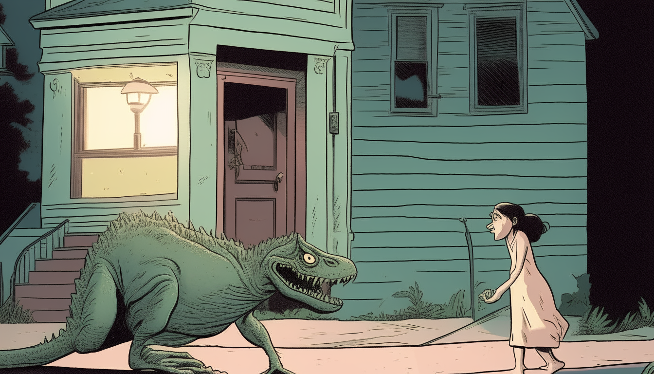 Mary is on the sidewalk in front of an old house. A lizard monster comes out and bites her arm. In the visual style of The Twilight Zone TV show.