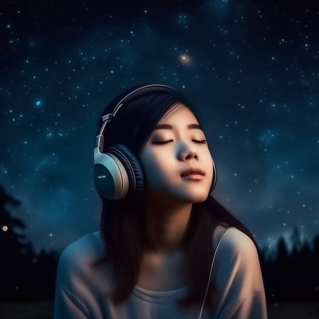 Beautiful Asian women listening to music, with a stary night sky. 