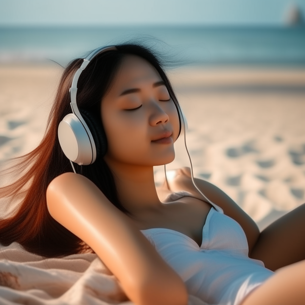 Beautiful Asian women listening to music, laying on a sunbed on the beach.