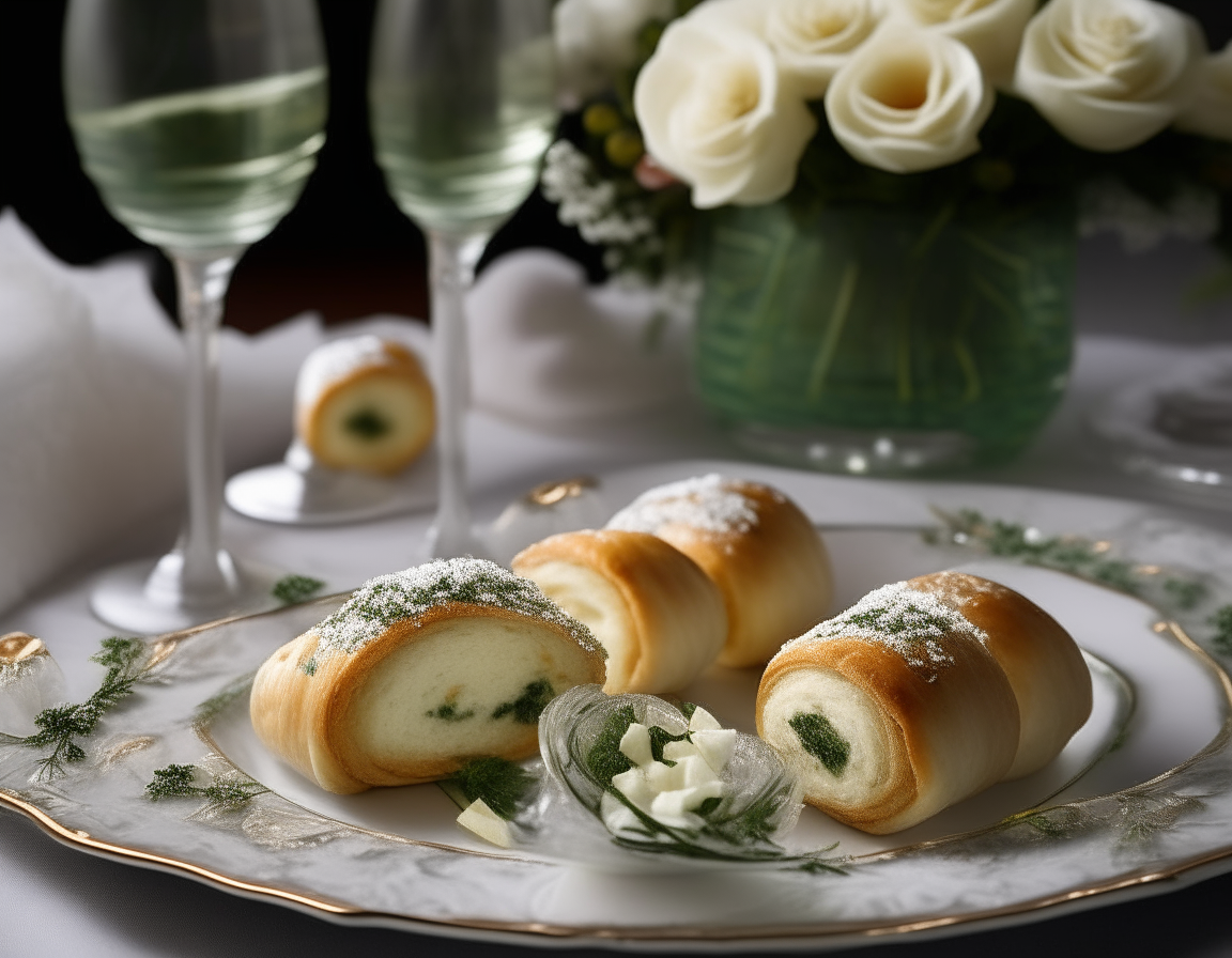 A rustic, elegant setting showcases the delightful Spinach and Feta Stuffed Pastry Rolls. Placed on a white porcelain platter, these golden-brown delicacies are garnished with fresh dill. In the background, there's a sophisticated arrangement of white roses and crystal glasses filled with champagne, creating an ambiance of celebration and joy.