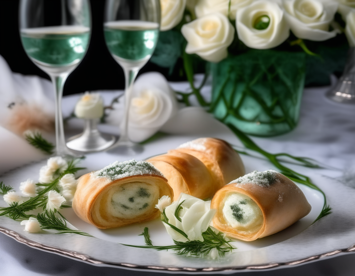 Spinach and feta stuffed pastry rolls arranged on a white plate, with dill, champagne glasses and white roses in the background