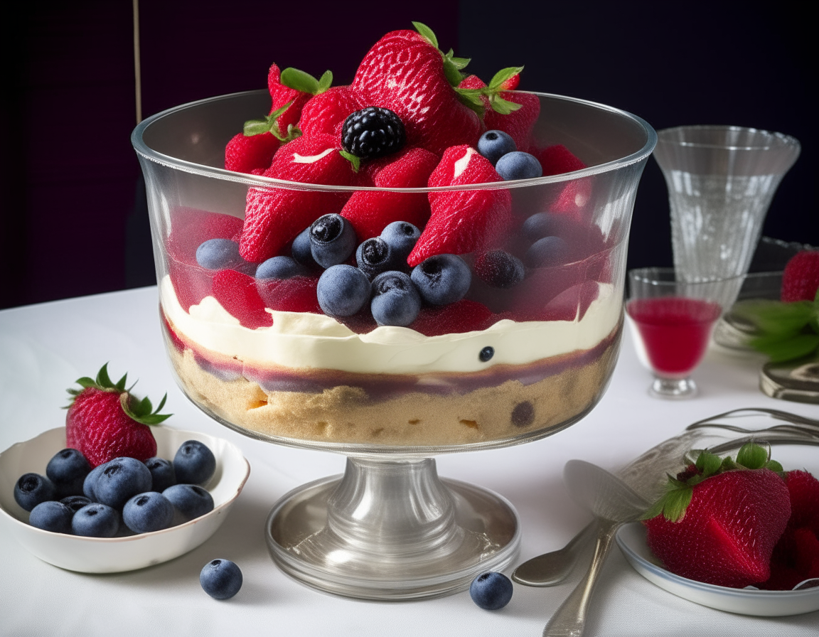 A beautiful glass trifle bowl reveals layers of Berry and Cream Trifles. Alternating bands of velvety whipped cream, vibrant, juicy mixed berries, and tender sponge cake create a visual delight. Nestled on a table with a white lace tablecloth, silver spoons, and delicate fairy lights twinkle softly in the background, adding to the celebratory atmosphere.