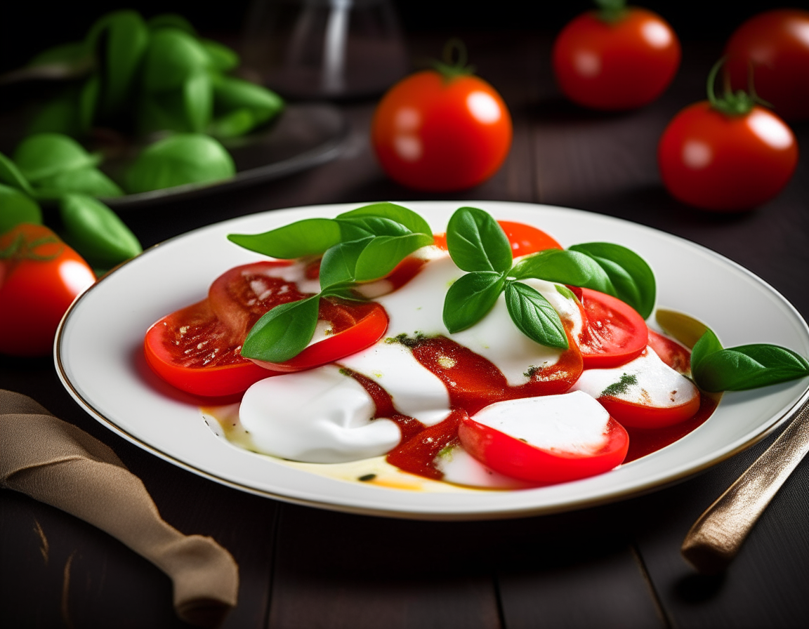 A vibrant, fresh Tomato and Mozzarella Caprese Salad sits on a white porcelain plate. Bright red, juicy tomato slices are alternated with thick, creamy mozzarella. Fresh, green basil leaves are sprinkled on top, adding a pop of color and aroma. A drizzle of glossy, rich balsamic reduction and olive oil completes the dish, placed on a rustic wooden table set for a romantic, healthy date night in.