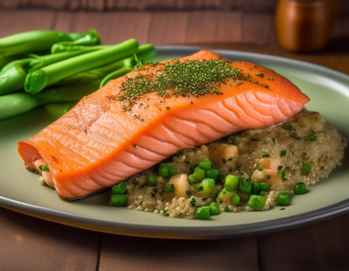 A vibrant image showing a plated dish of grilled salmon that sits atop a bed of fluffy, lightly-seasoned quinoa. Next to the salmon is a small portion of bright green, steamed asparagus. The salmon has grill marks and is garnished with a slice of lemon and a sprinkle of fresh herbs for a pop of color and flavor. The plate is placed on a rustic wooden table with a set of silverware and a glass of white wine, ready for a healthy, delightful dinner.