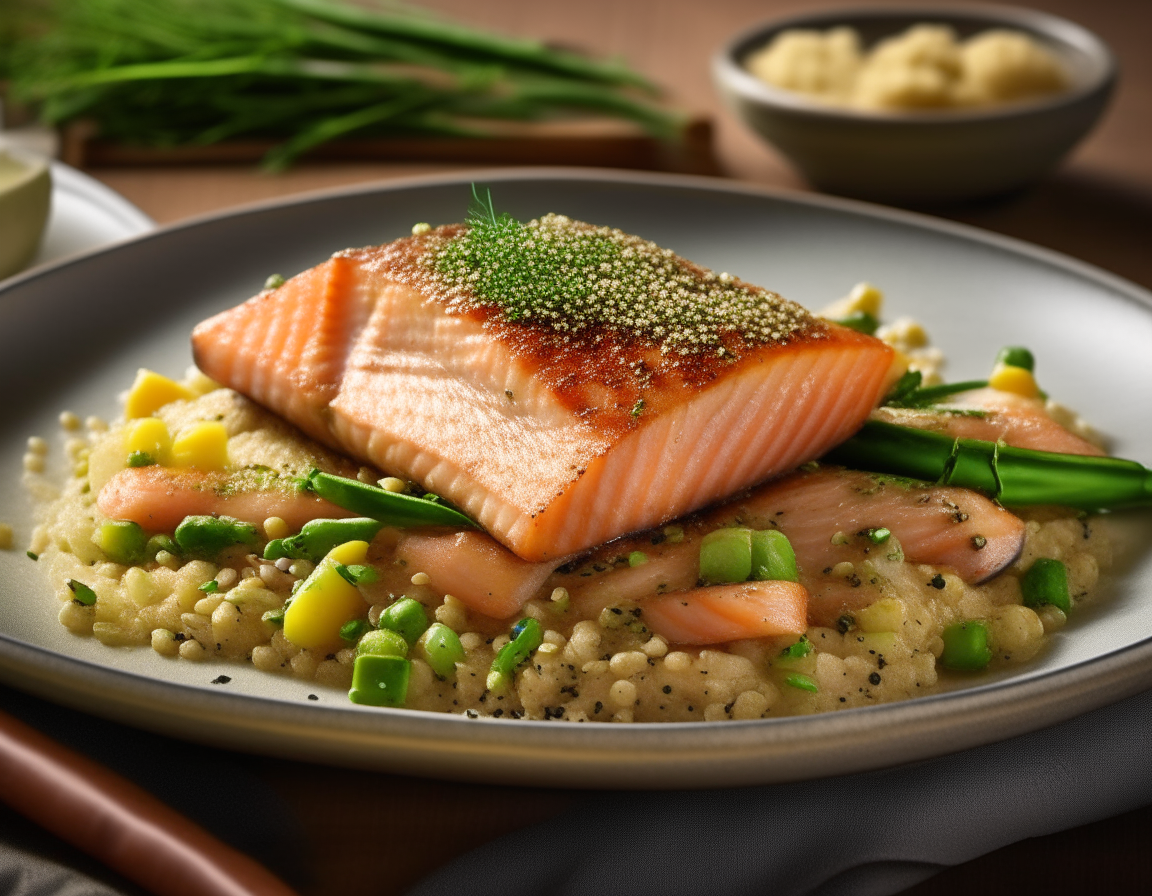 A vibrant, elegant serving plate features grilled salmon fillets, placed beside a small mound of fluffy quinoa. The salmon exhibits a golden crust with succulent, flaky insides. Bright green asparagus spears, steamed to perfection, add a crisp, fresh contrast. Everything is garnished with fresh herbs, presenting an inviting, healthy main course.