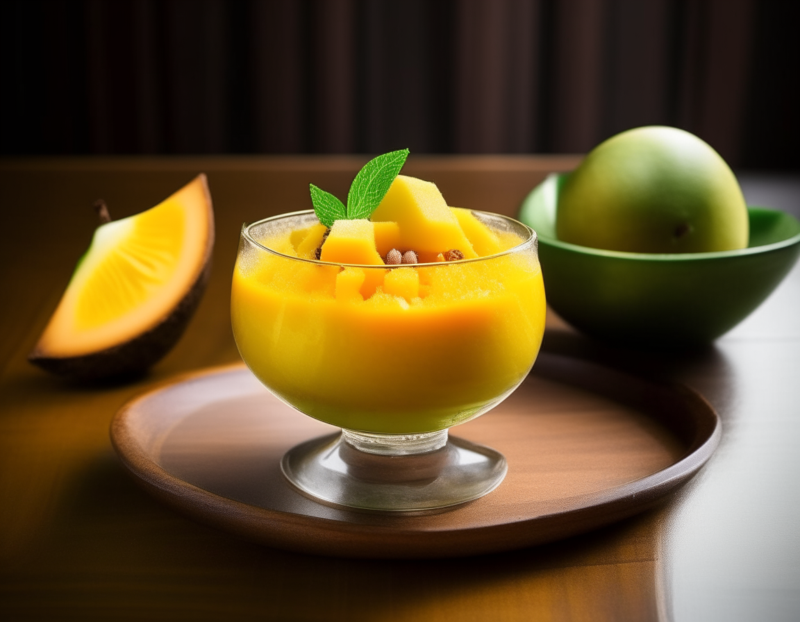 A chic, modern glass bowl showcases a vivid Mango and Passion Fruit Sorbet, resting on a contemporary wooden table. The sorbet's golden hue, combined with its luscious, frosty texture, seems tantalizing. Its presentation is simple, garnished with a sprig of mint and a few slices of fresh mango and passion fruit to accentuate its natural, refreshing taste.