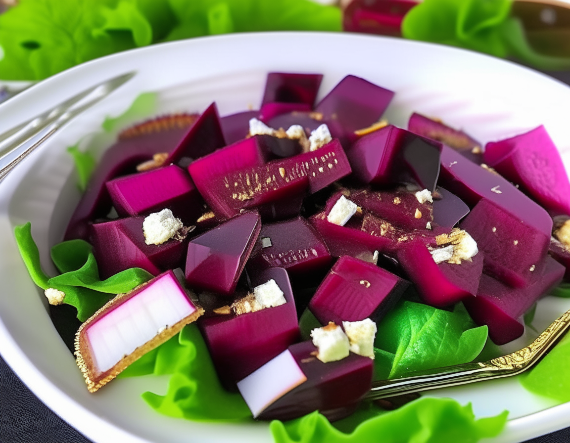 A vibrant, colorful image highlighting a Roasted Beet and Goat Cheese Salad, sitting in a shallow white bowl, perfectly suited for a casual, healthy date night in. Crimson roasted beets are cubed and scattered amongst fresh, green arugula. Crumbles of creamy goat cheese add a contrast in both color and texture. A drizzle of balsamic reduction zigzags across the salad, providing a glossy, appetizing sheen. The salad is garnished with chopped walnuts and fresh parsley, enhancing its earthy flavor.