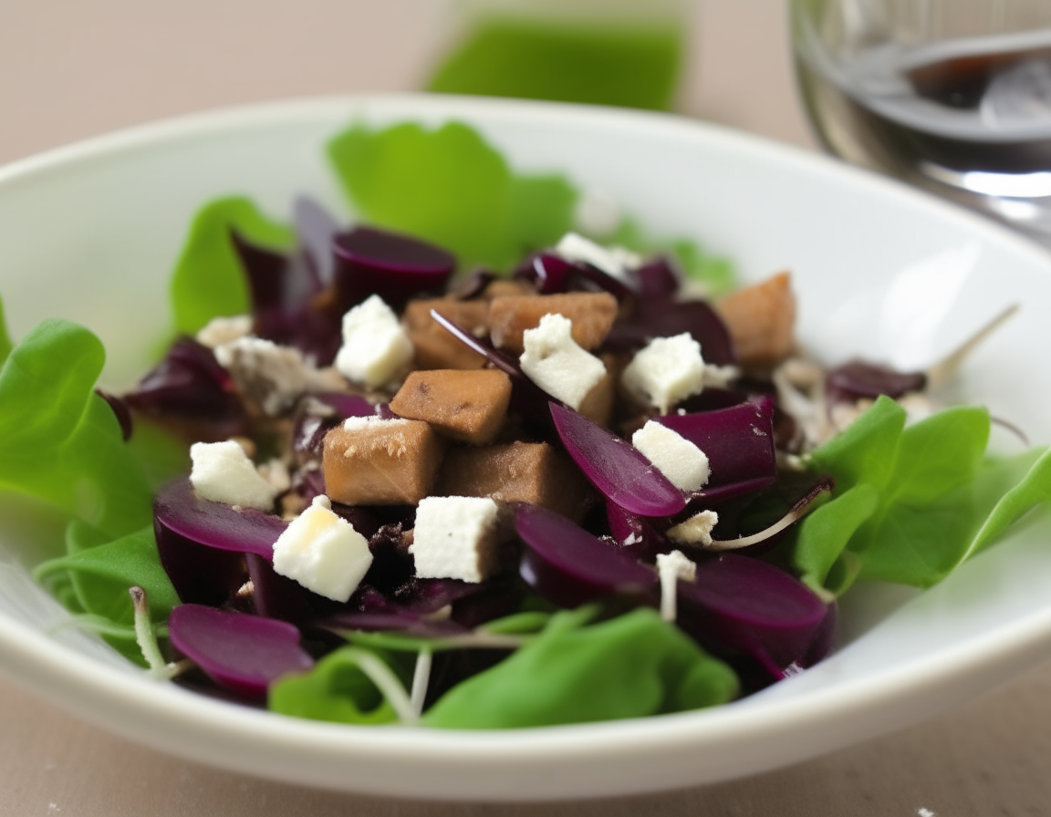 A shallow white bowl with a salad containing cubed roasted beets, goat cheese bites, arugula, walnuts, and a balsamic dressing