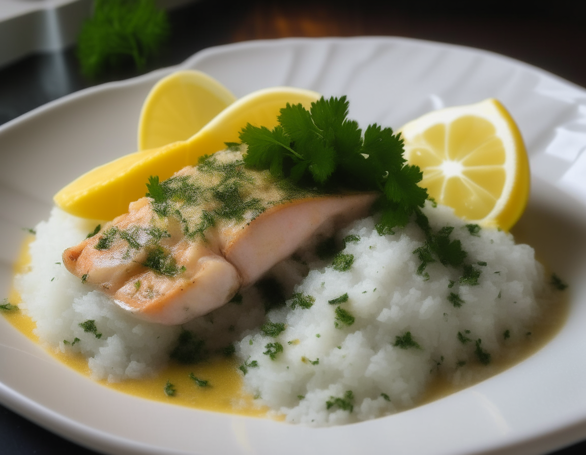 A white dish holding baked cod fillets seasoned with dill and lemon slices, served with fluffy rice and parsley garnish. Soft lighting creates a cozy atmosphere.