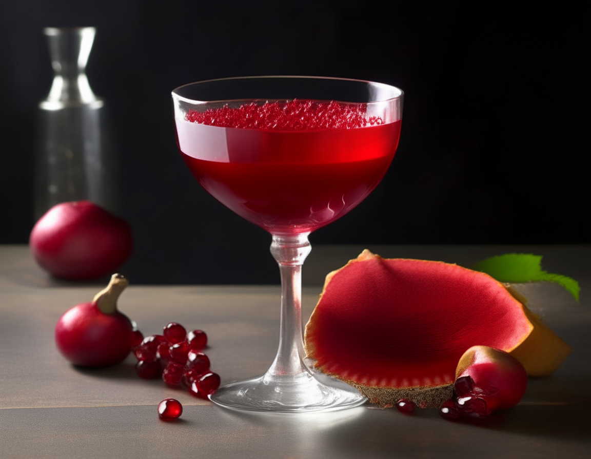 A vibrant, ruby-red pomegranate martini in a classic martini glass, with a fresh pomegranate slice on the rim, against an elegant backdrop