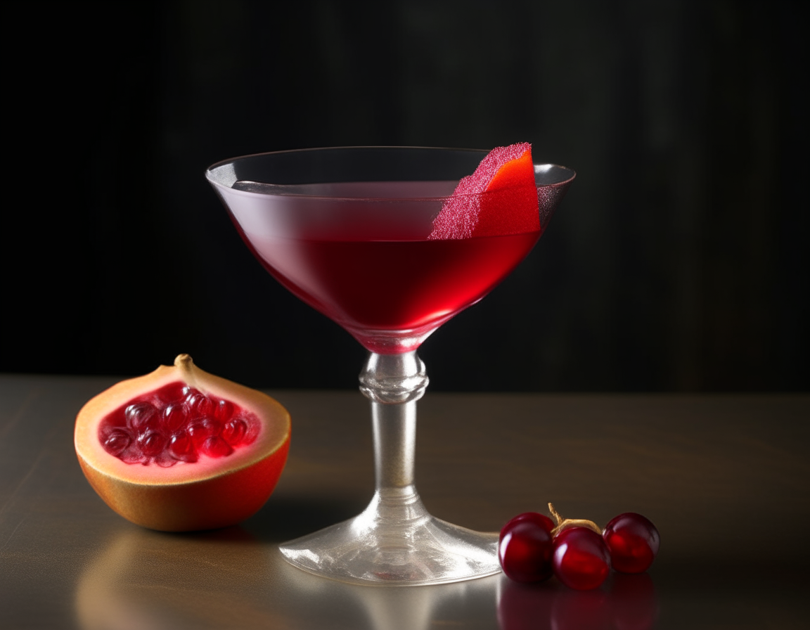 A ruby red pomegranate martini in a martini glass, slice of pomegranate on rim, against an elegant backdrop