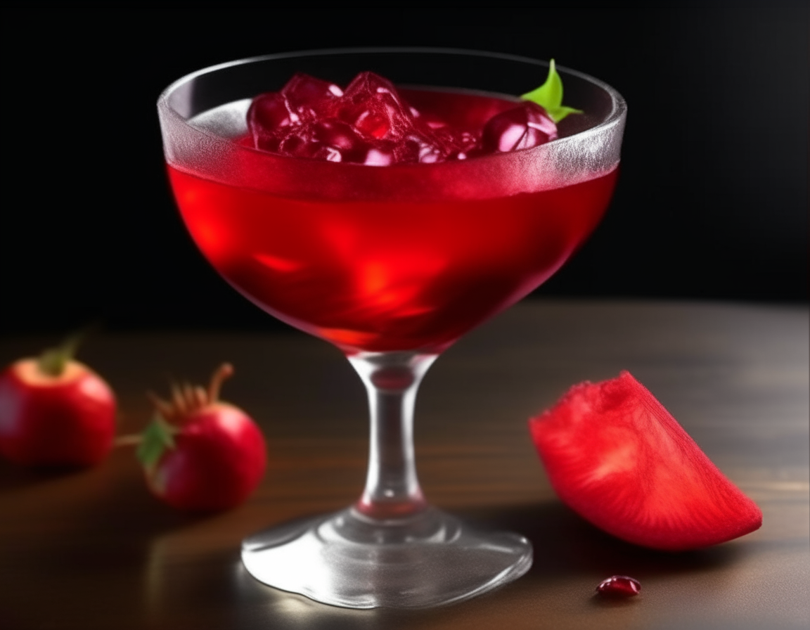 Pomegranate martini with a bright red color in a glass, pomegranate slice garnish, refined background