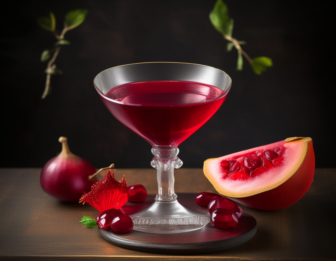 Vibrant red pomegranate martini cocktail, martini glass with wide brim, fresh pomegranate slice on rim, sophisticated backdrop