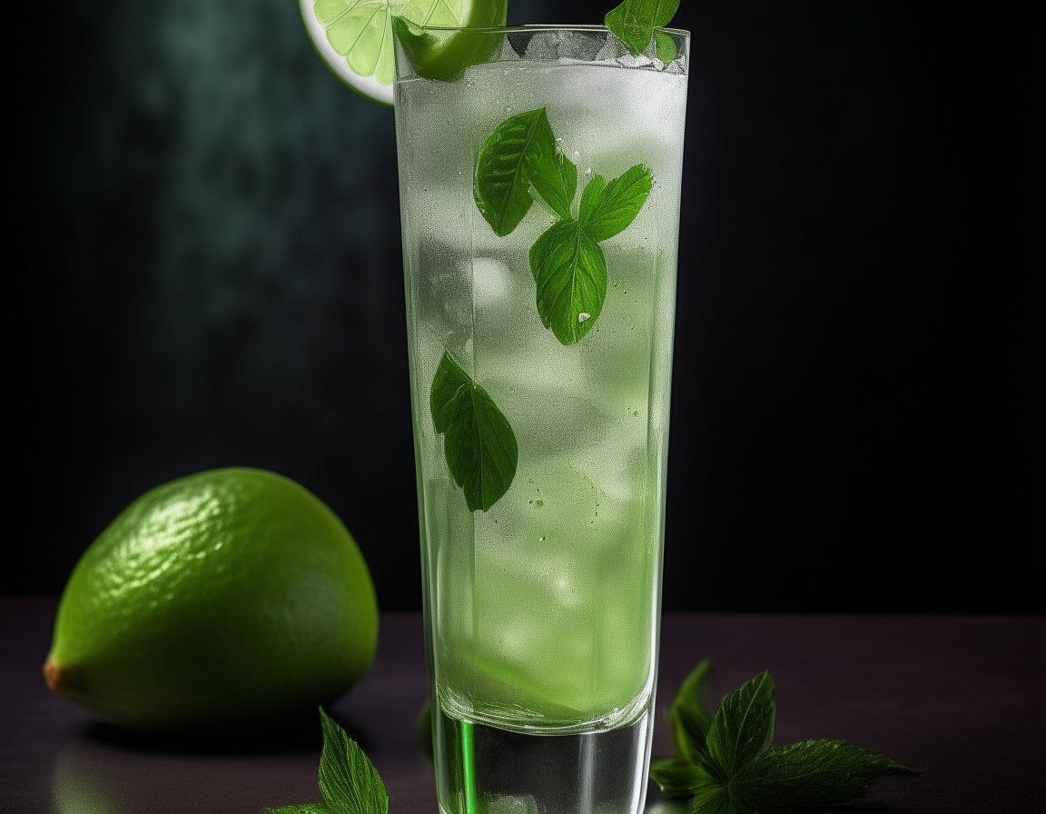 A refreshing Virgin Mojito sits in a tall, clear glass, with mint leaves, lime wedges, icy soda and lime juice