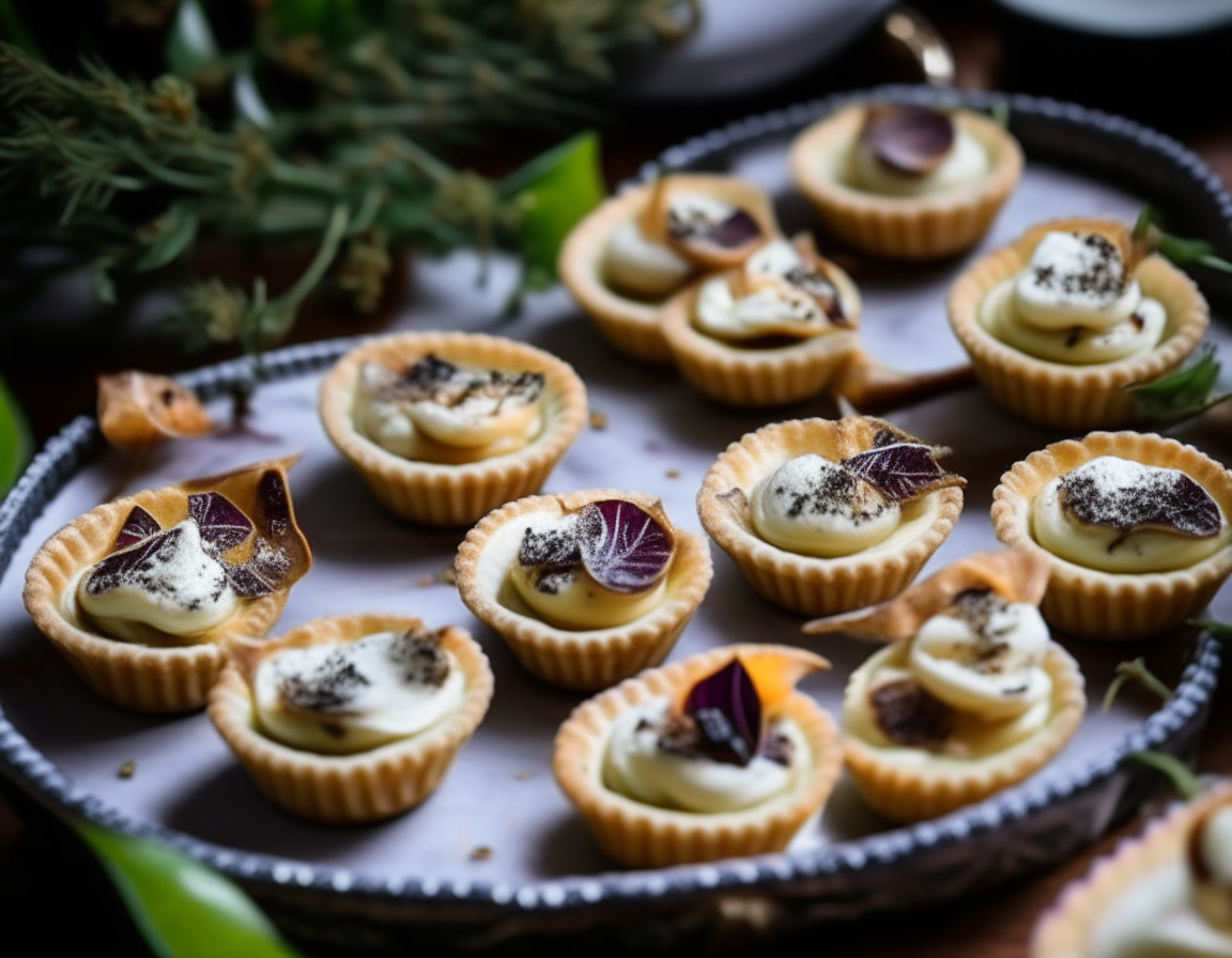 A plate of bite-sized goat cheese and fig tartlets with flaky golden pastry, creamy goat cheese, halved figs, honey drizzle and thyme sprigs