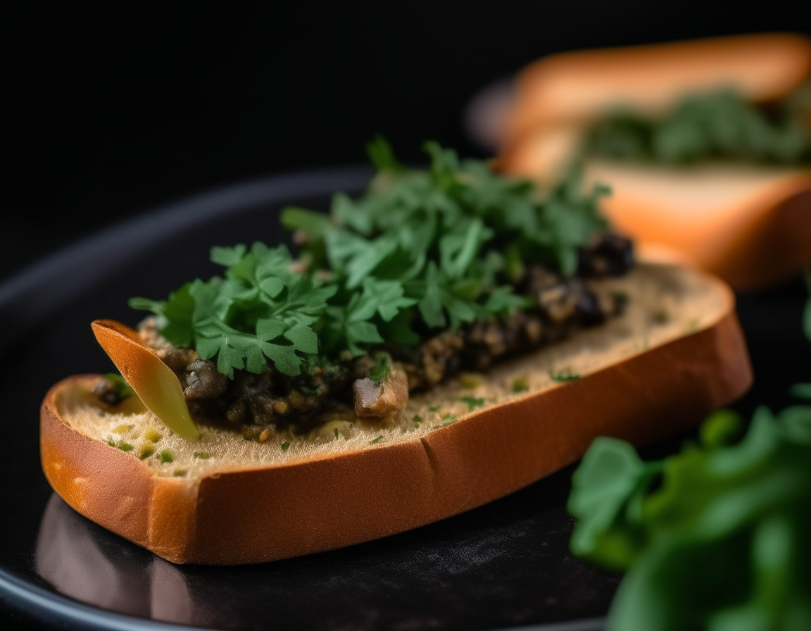 A close-up of olive tapenade spread on toasted baguette slices on a black plate, with chopped parsley garnish