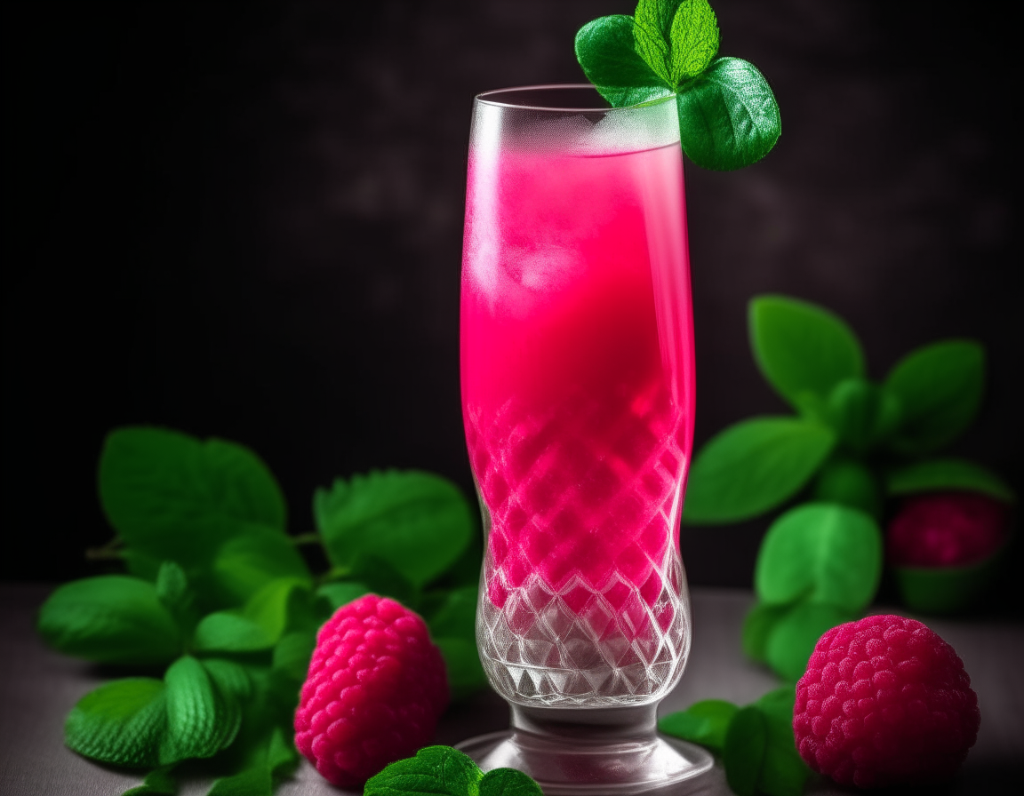 A refreshing raspberry and mint mocktail in a tall glass garnished with mint leaves and raspberries, on a tray with soft lighting in the background