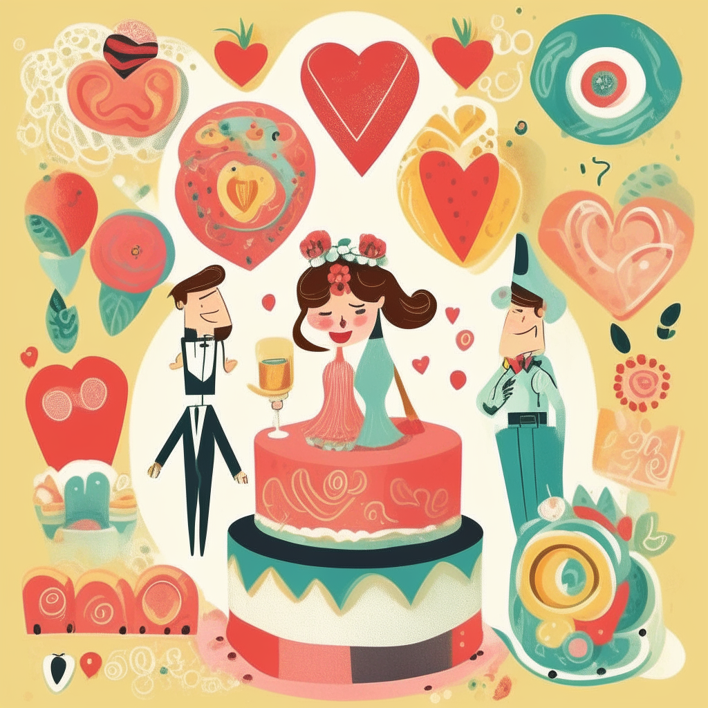 A colorful cartoon poster in 8.5x11 dimensions with newlywed themed illustrations like rings, hearts, flowers, wedding cake, bride and groom figures.