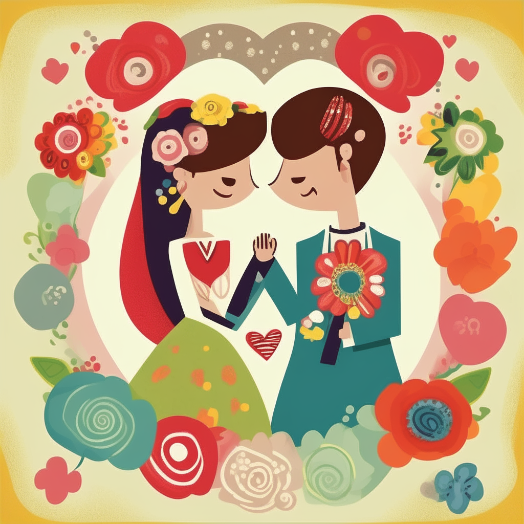 Colorful cartoon newlywed themed poster with rings, hearts, flowers, 8.5x11