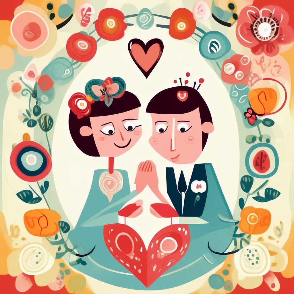 Vibrant cartoon poster for newlyweds, 8.5 by 11 inches, with wedding rings, flowers, hearts