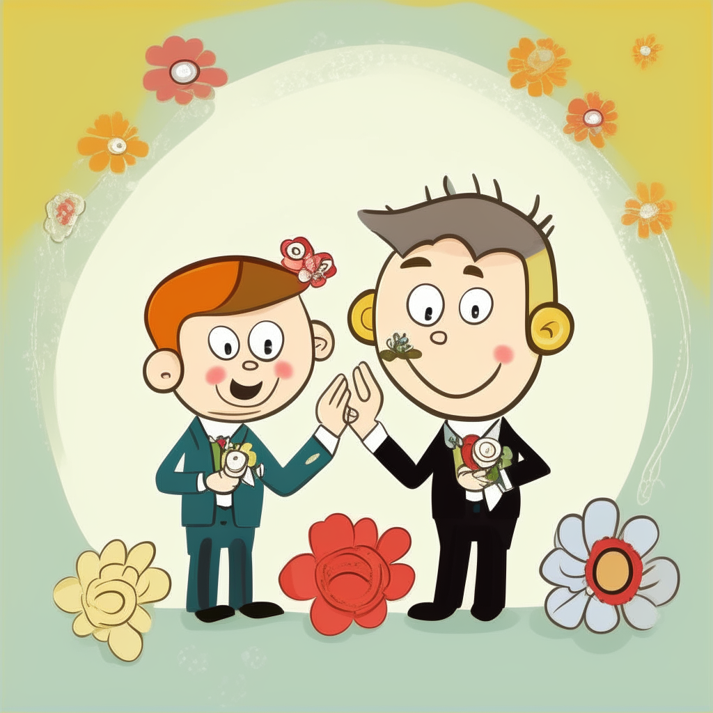 Fun cartoon poster for newlyweds, wedding rings and flowers, 8.5 by 11 inches