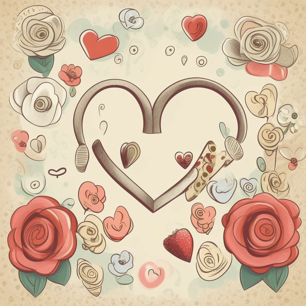 A whimsical cartoon poster with illustrated wedding rings, hearts, and flowers, 8.5 x 11 inches