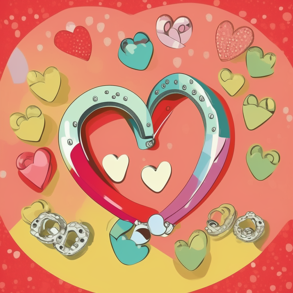 A colorful cartoon poster with small hearts and wedding rings, 8.5 x 11 inches