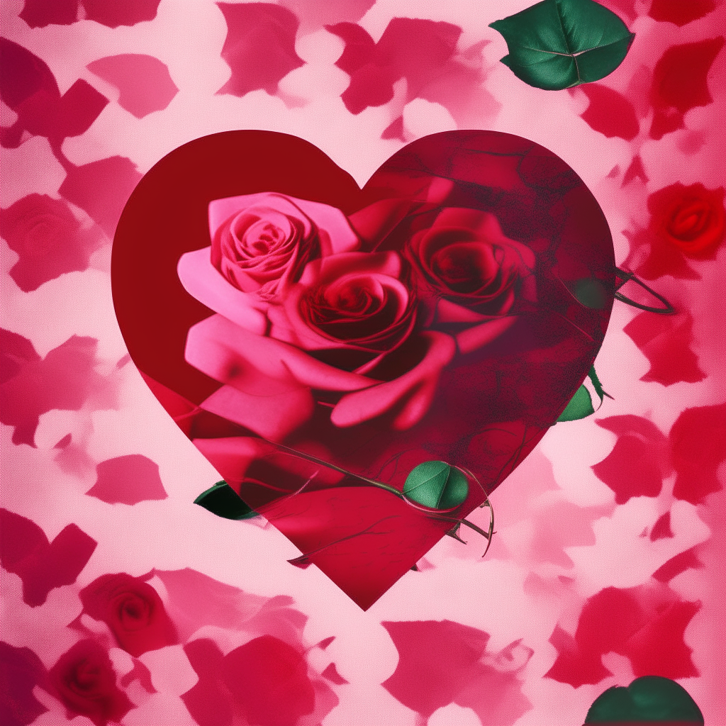 a red heart shape and a pink rose flower repeated in a collage poster style