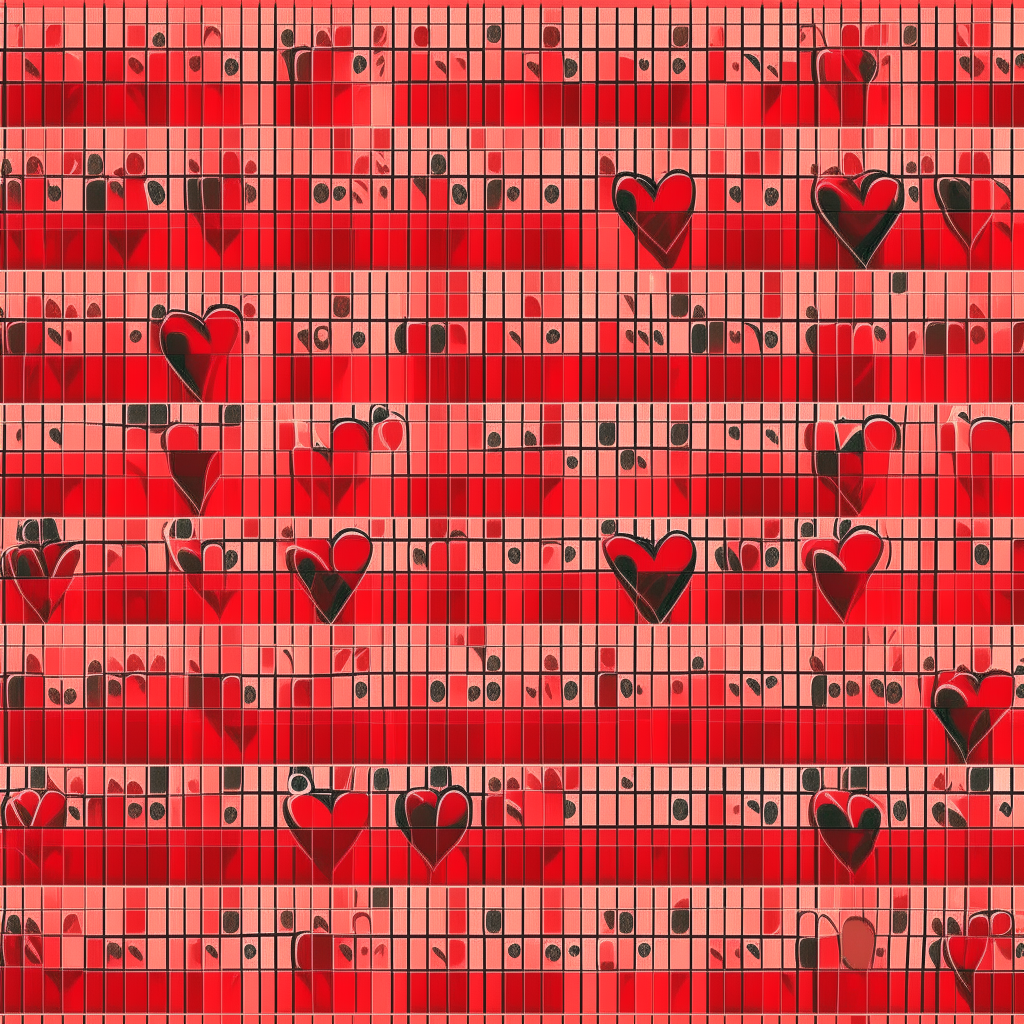 50 identical cartoon red hearts in a grid poster collage