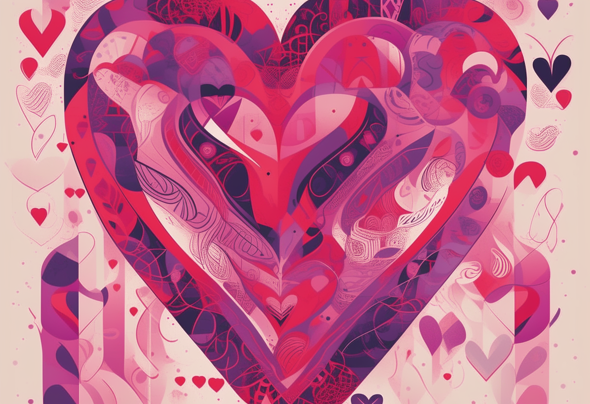 a poster with intricate love heart patterns and shapes in pink, purple and red, in the style of graphic designer Veronica Fuerte