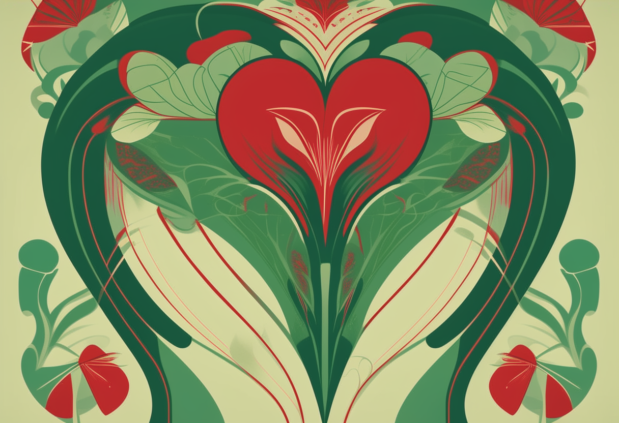 a retro art deco style poster with a heart shape and floral motifs in green and red