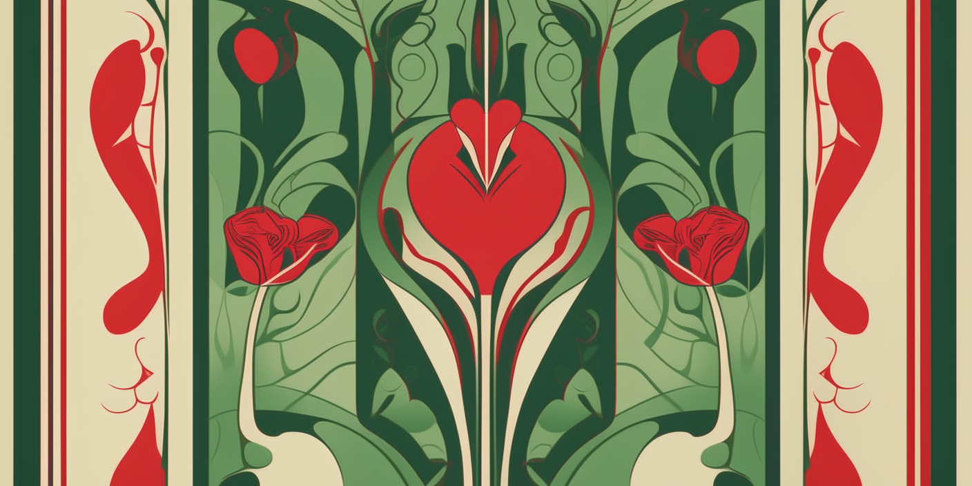 a tall red and green art deco style poster with floral heart shapes