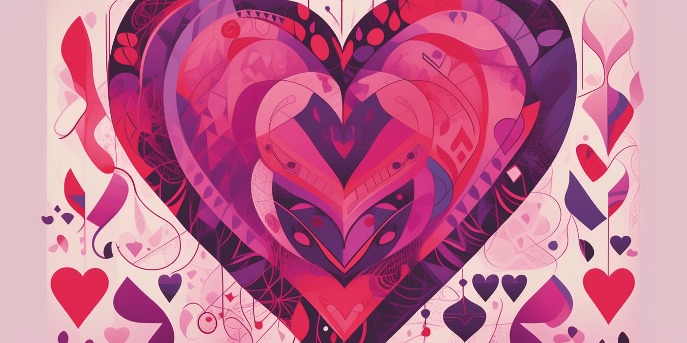 a poster with intricate love heart patterns and shapes in pink, purple and red, in the style of graphic designer Veronica Fuerte