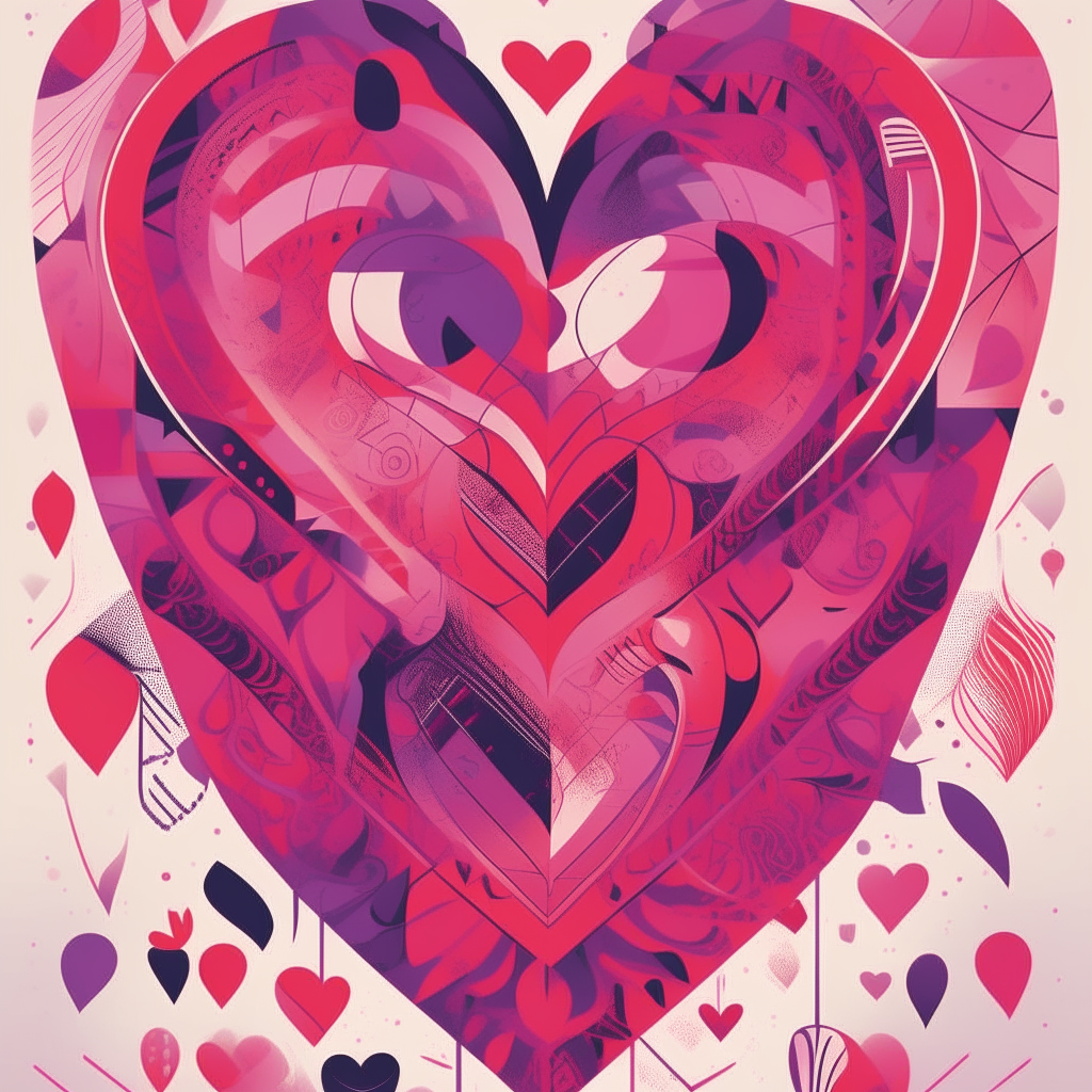 a poster with intricate love heart patterns and shapes in pink, purple and red, in the style of graphic designer Veronica Fuerte