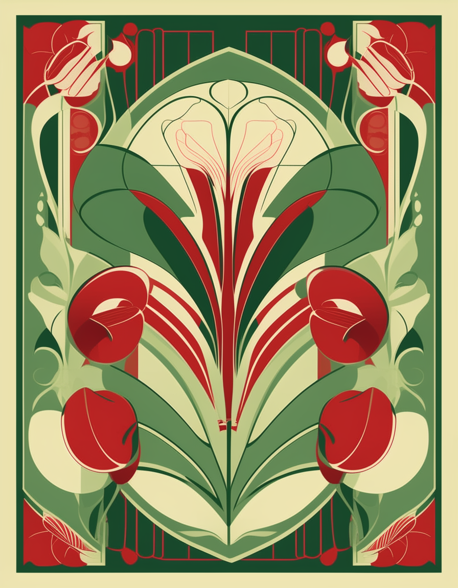 a red and green floral art deco poster with heart shapes in 8.5 x 11 inches aspect ratio