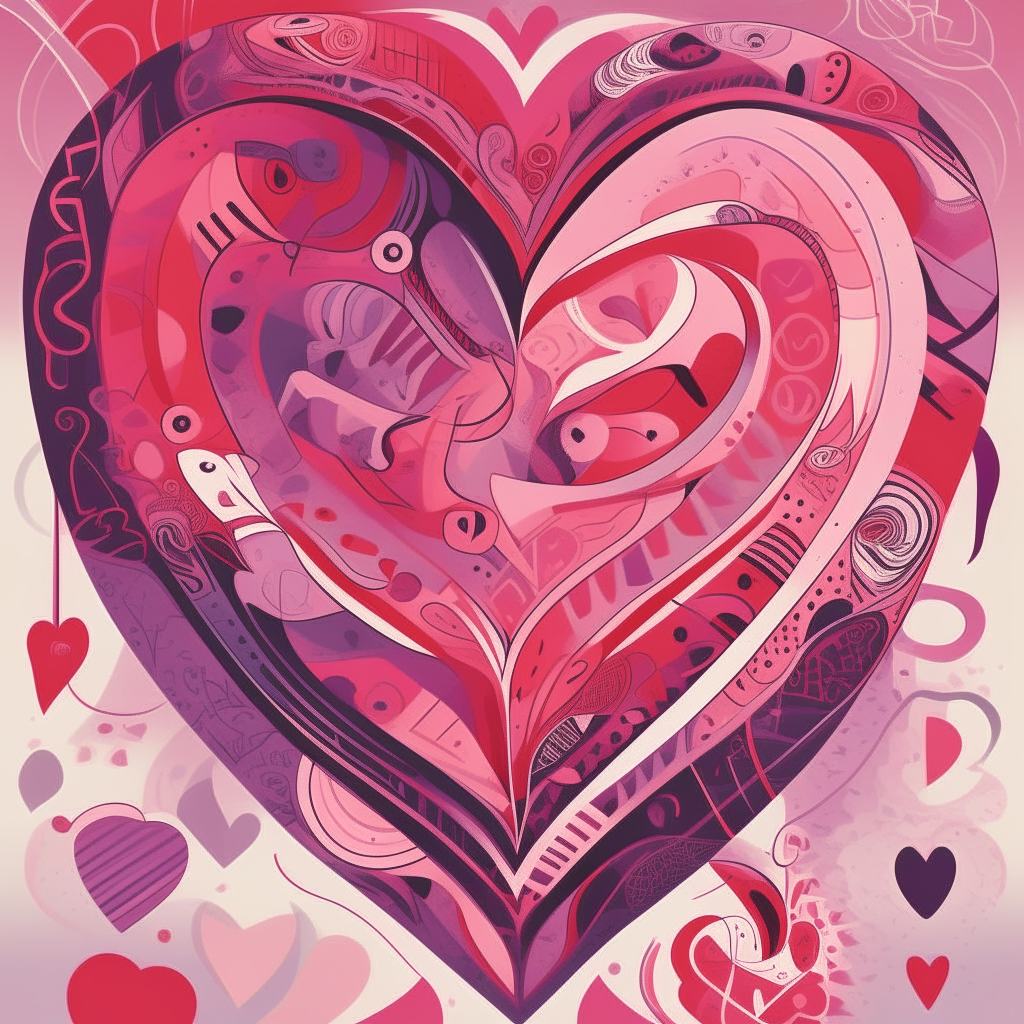 a poster with intricate love heart patterns and shapes in pink, purple and red in the art style of Lauren Hom