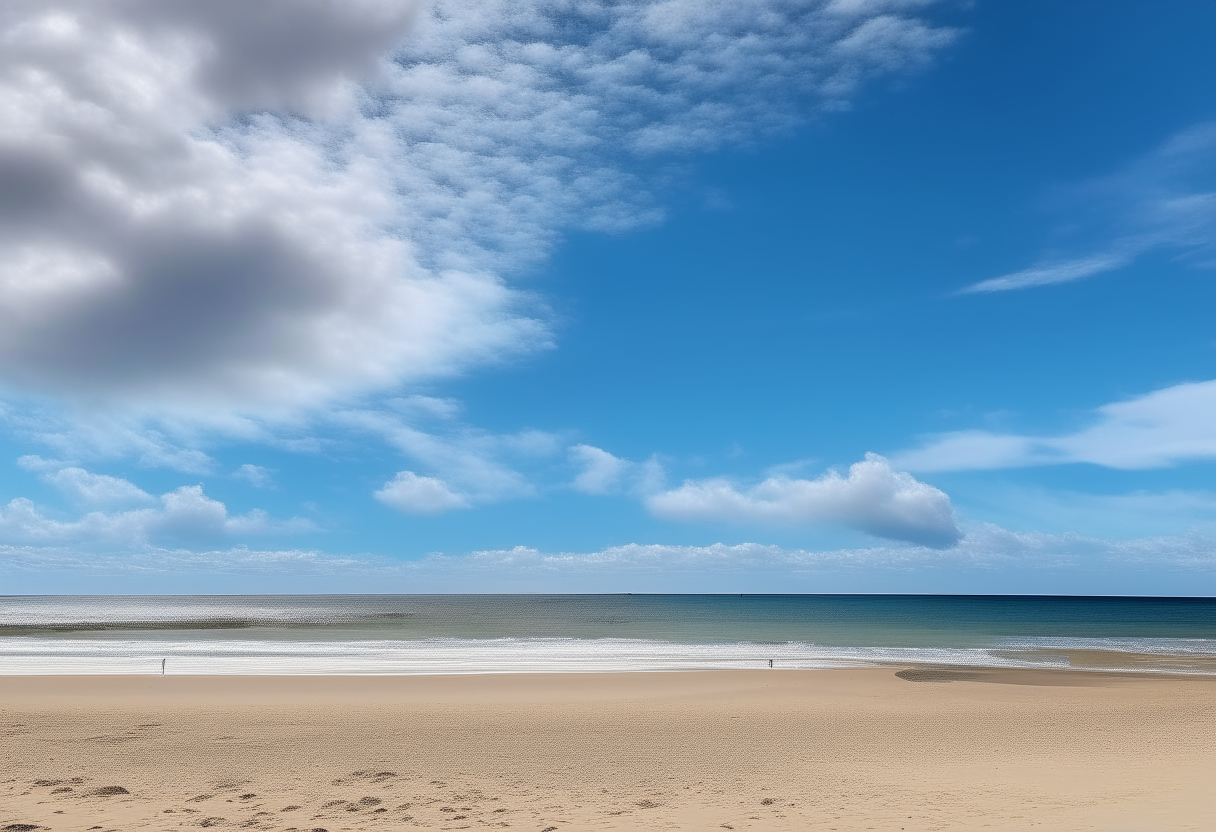 a beautiful blue sky on a summer beach, with fluffy white clouds and the ocean visible in the distance