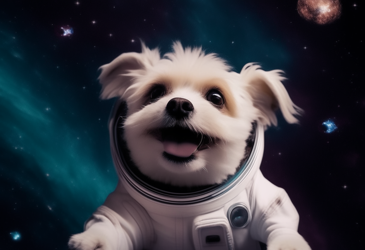 A small white dog floating in zero gravity, wearing a space helmet and smiling, surrounded by stars in the night sky