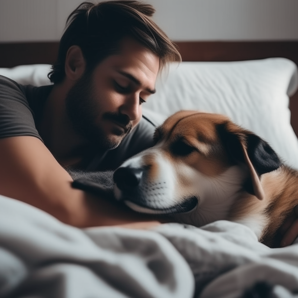 a man wakes up after sleep and pets a dog
