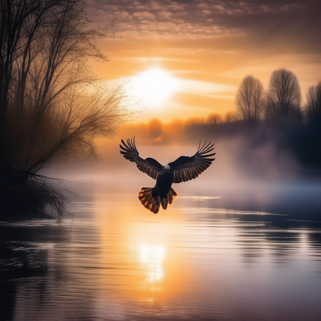 An eagle flying over a river with the sunrise in the background
