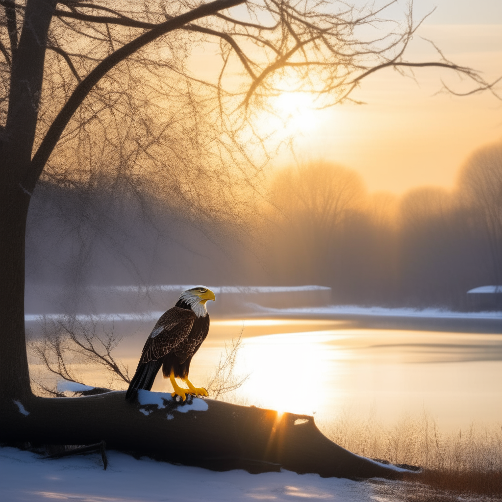 An eagle sitting on a tree over a river on a winter's morning, snow on the ground and a sun rise in the background.